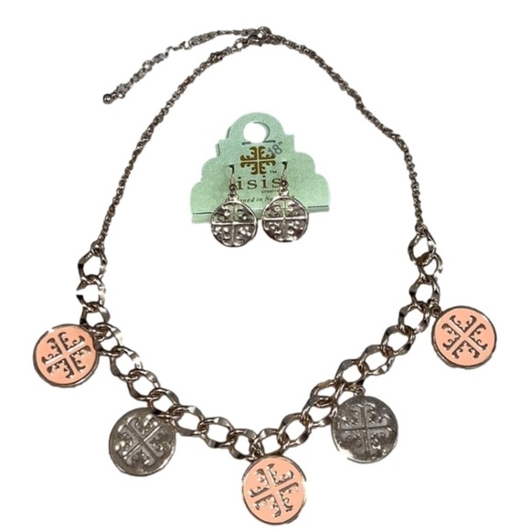 ISIS Creative Enamel Peach Medallion Necklace & Earrings Gold Tone NWT - Picture 1 of 5